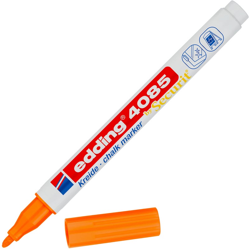 edding 4085 chalk marker - neon-orange - 1 chalk pen - round nib 1-2 mm - fine-nib wet wipe pen for chalkboards, windows, glass, mirrors - liquid chalk marker pens for opaque coverage - Image 1